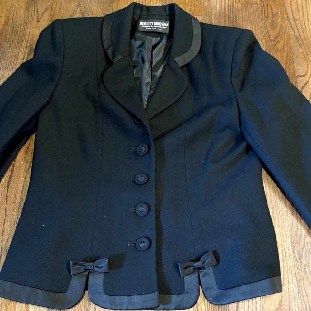 Herbert Grossman Women's Suit Jacket Blazer Black Colored w/ Bows Wool Size 6